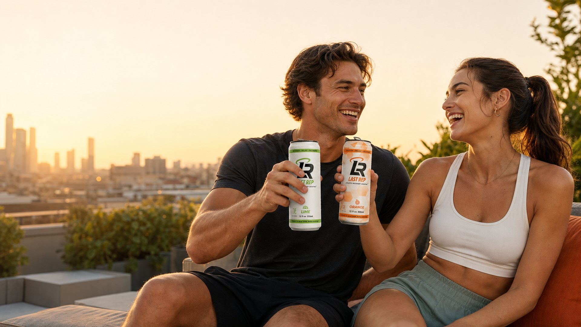 Two friends laughing and toasting with Last Rep Lime and Orange cans on a rooftop at sunset